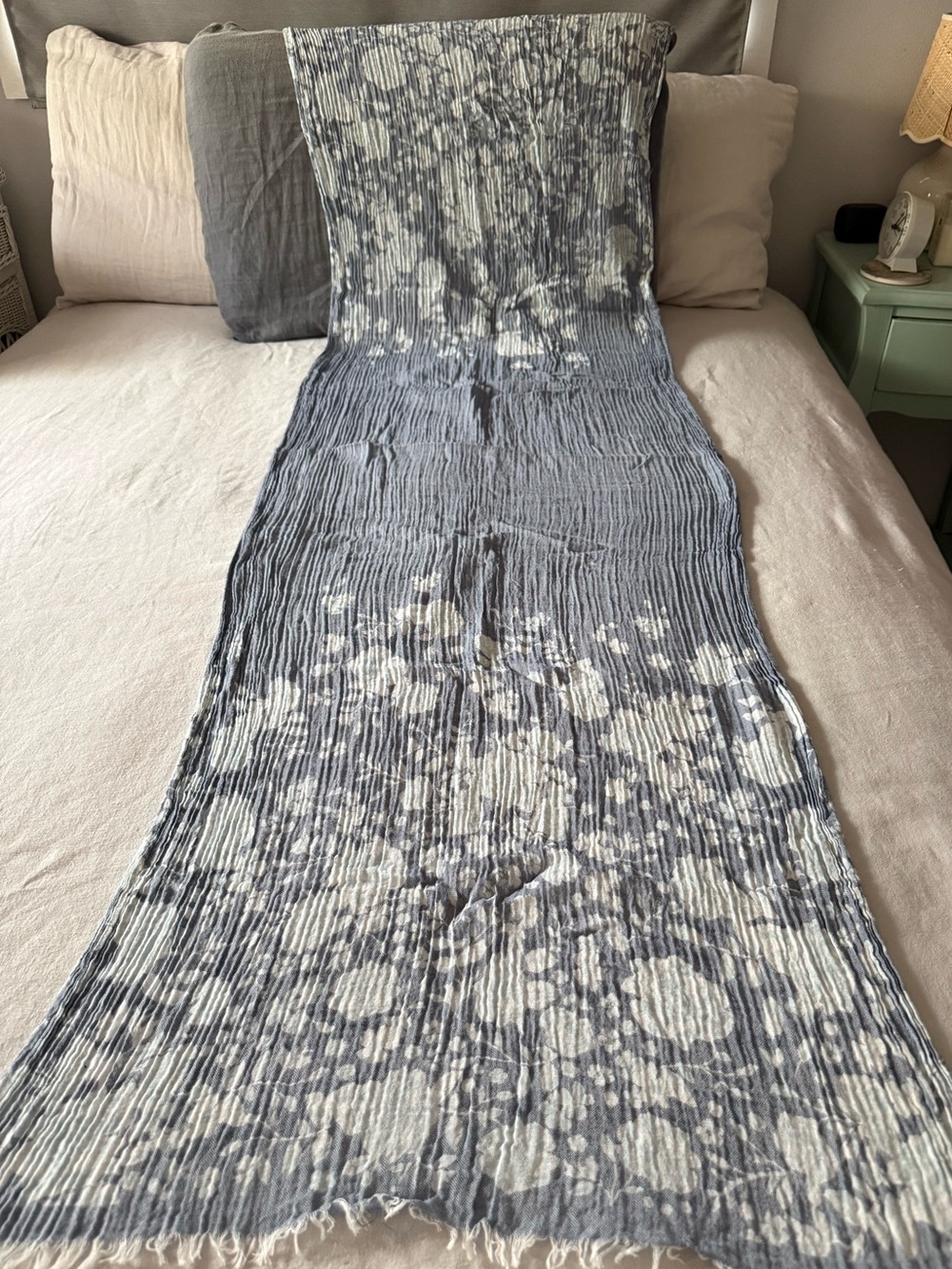 Gossamer pleats in an eye-catching blue-grey fine cotton scarf/stole. 23”x70”